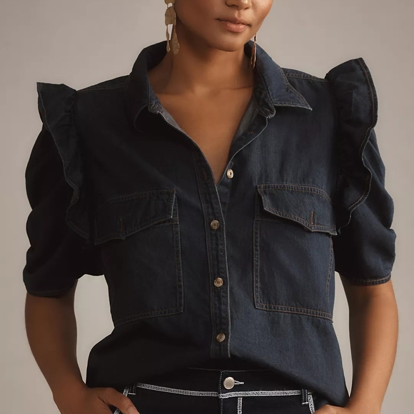 Pilcro Tops - The Ozzi Ruffle-Sleeve Buttondown Shirt by Pilcro Size Small Relaxed